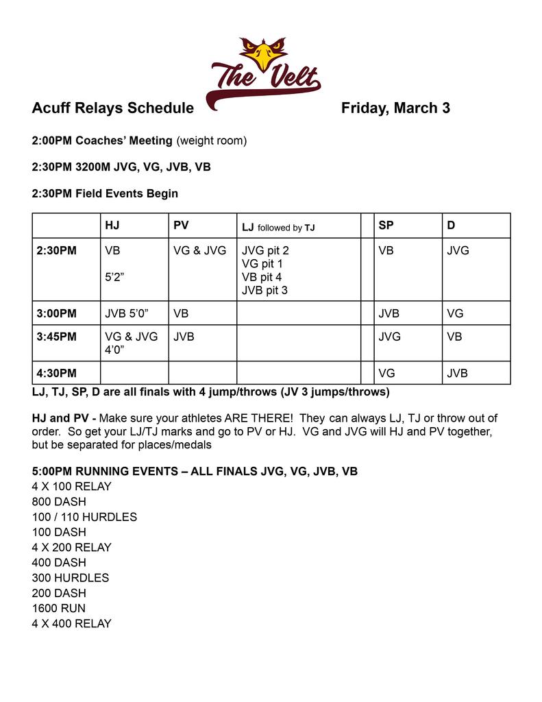 Acuff Relays Schedule